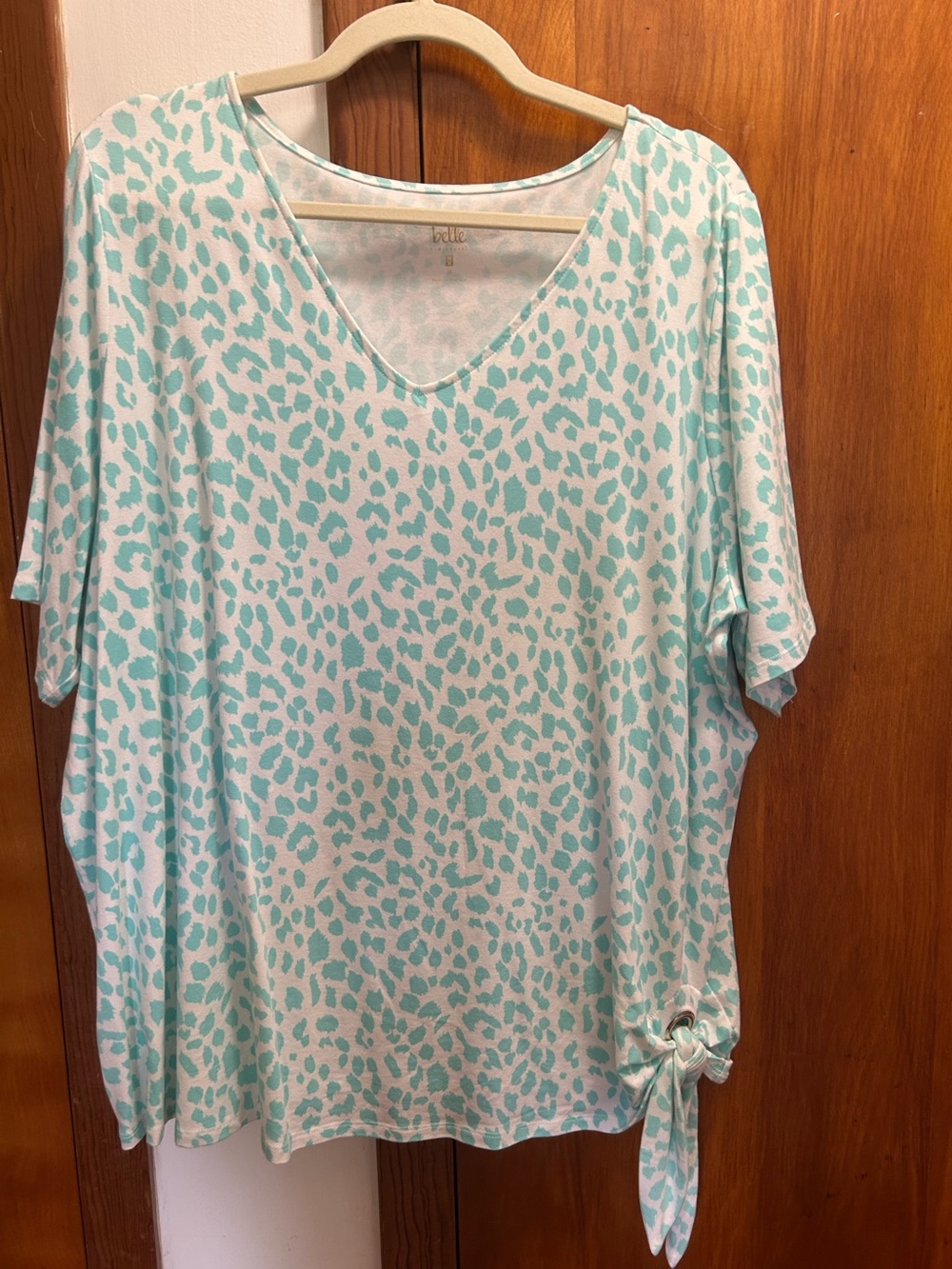 Women’s Short Sleeve V-Neck Tee in Mint Leopard Print
